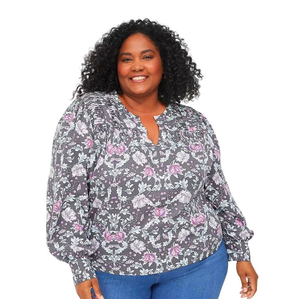 NWT Lane Bryant Women size 26 Boho Casual Pleated Floral Loose Comfy Peasant Top